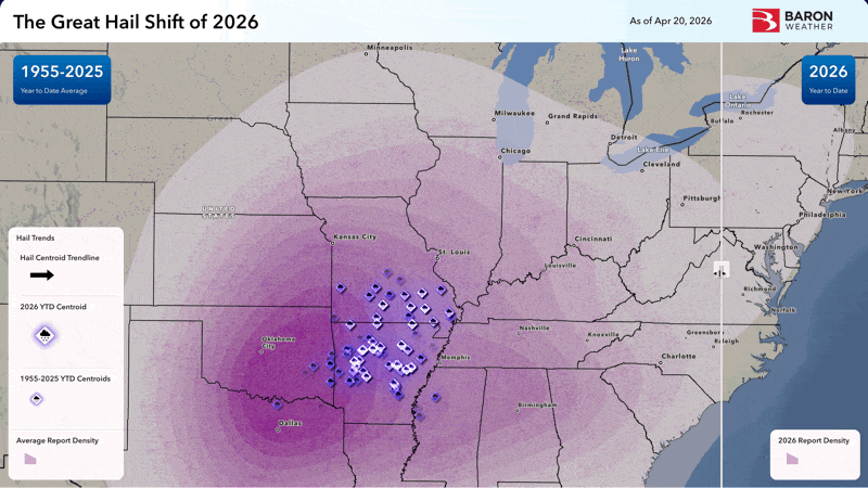 A shift in hail distribution in 2026 compared to normal.