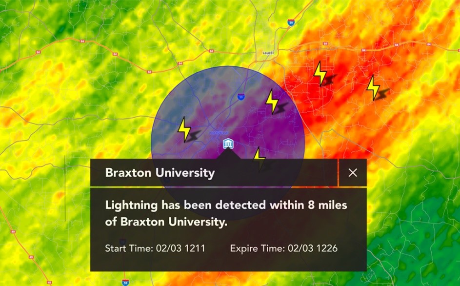  Baron Threat Net allows users to set up alerts for lightning occurring 5, 8, 10, 12, or 15 miles from a point. Lightning data provided by ENTLN Lightning.