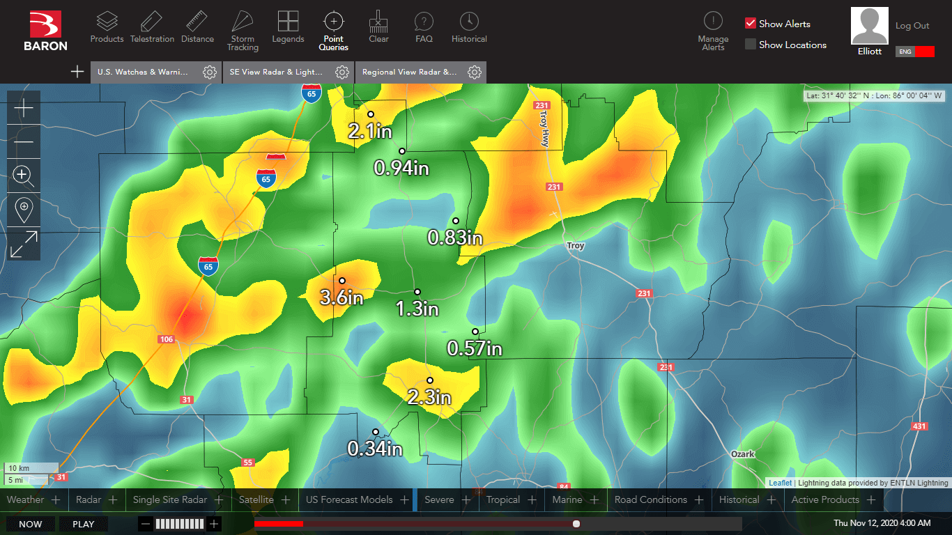 Rainfall data for different areas of Crenshaw County is displayed on Baron Threat Net.