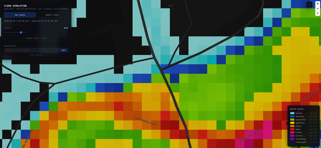 Flood Finder's water-depth map of the same area, showing where water was predicted to be deepest along Little Indian Creek and around nearby streets.