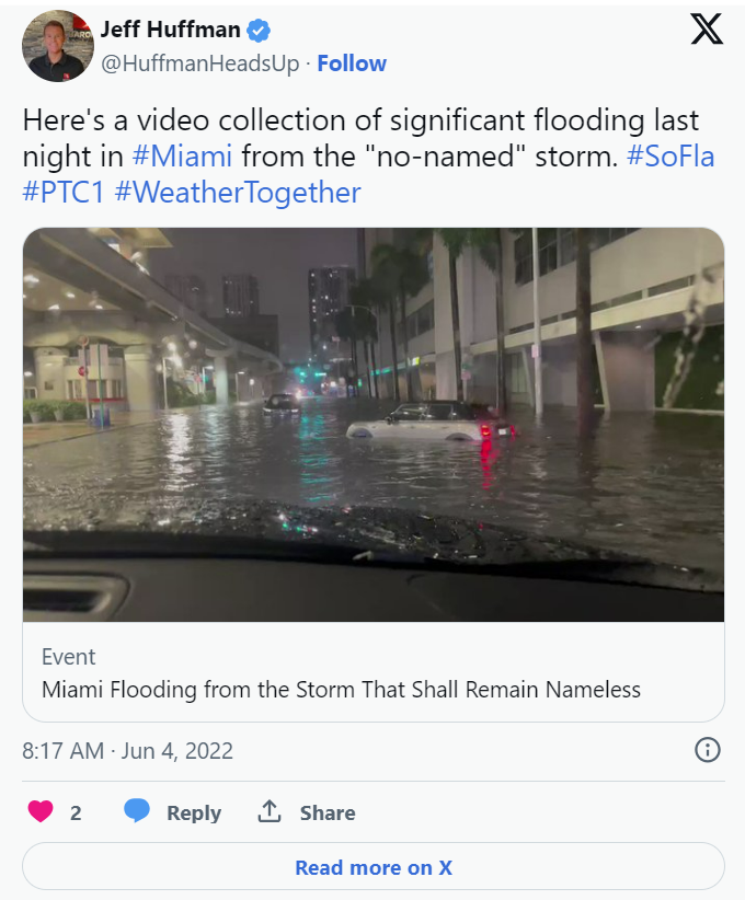 Post on X (Twitter) about video collection of significant flooding in Miami
