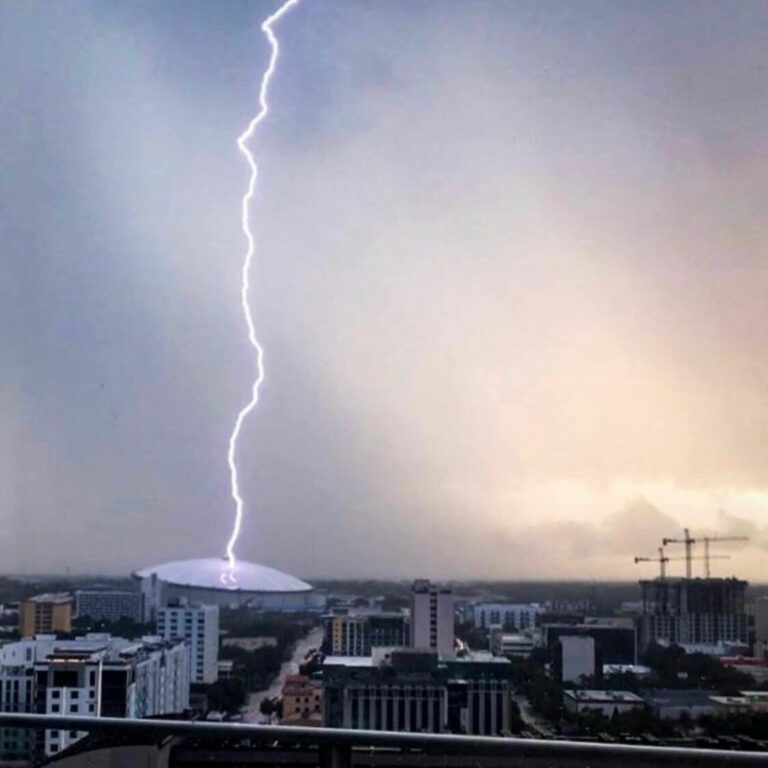 Lightning strikes Tropicana Field in St. Petersburg, FL in September 2018.