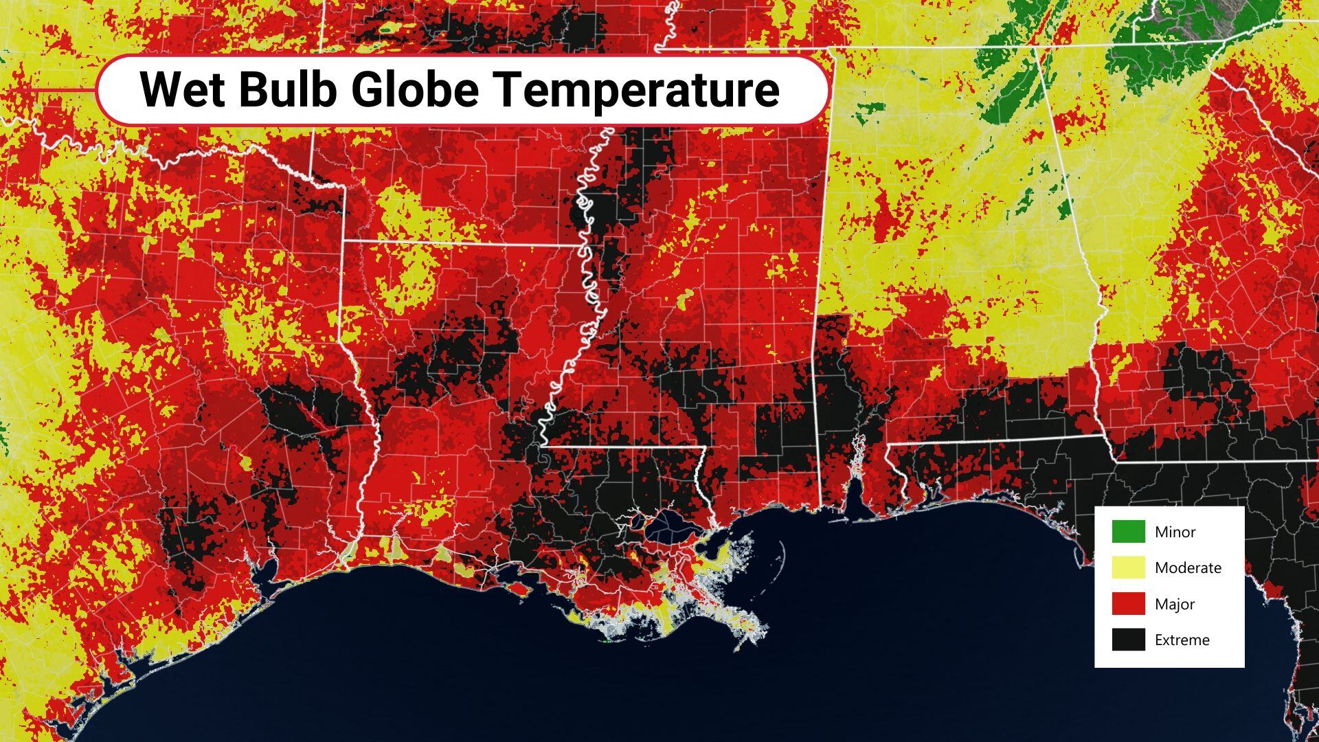 Snapshot of the Wet Bulb Globe Temperature across the South.