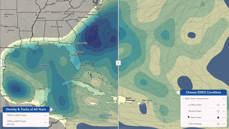 Comparison of tropical cyclone tracks between different phases of the ENSO cycle.