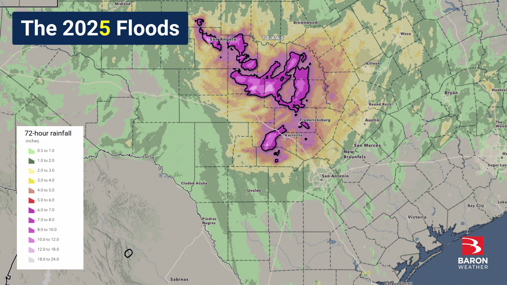 A comparison of the extents to the 2025 and 2026 Central Texas flood events.